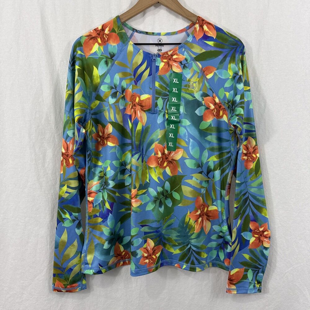 Hurley UPF50+ Green Tropical Floral Long Sleeve Rashguard Swim Top Sz XL Beach